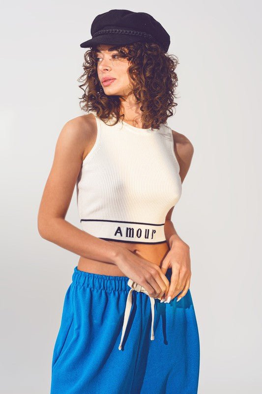White Knitted Amour Text Tank Top - STYLED BY ALX COUTUREShirts & Tops