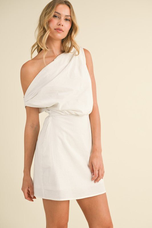 White Linen Asymmetric Off Shoulder Mini Dress - STYLED BY ALX COUTUREDRESS