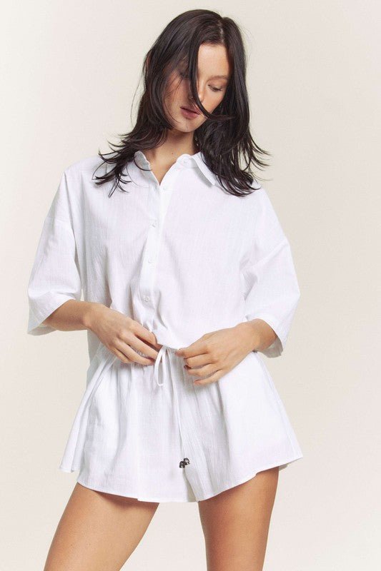 White Linen Button Down Shirt Shorts Set - STYLED BY ALX COUTUREOutfit Sets