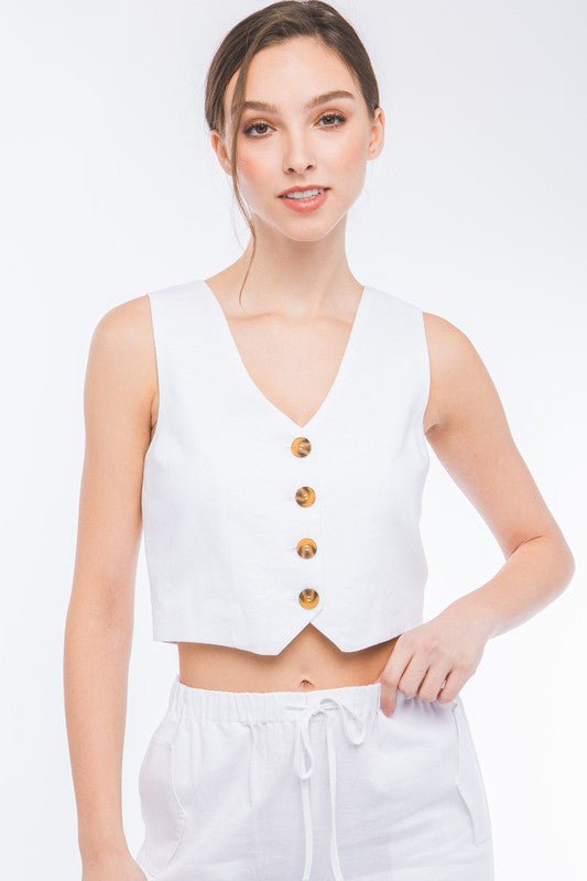 White Linen Buttoned Vest Top - STYLED BY ALX COUTUREShirts & Tops