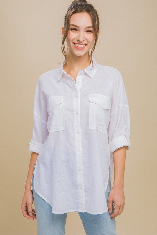 White Linen Oversized Double Pocket Shirt - STYLED BY ALX COUTUREShirts & Tops