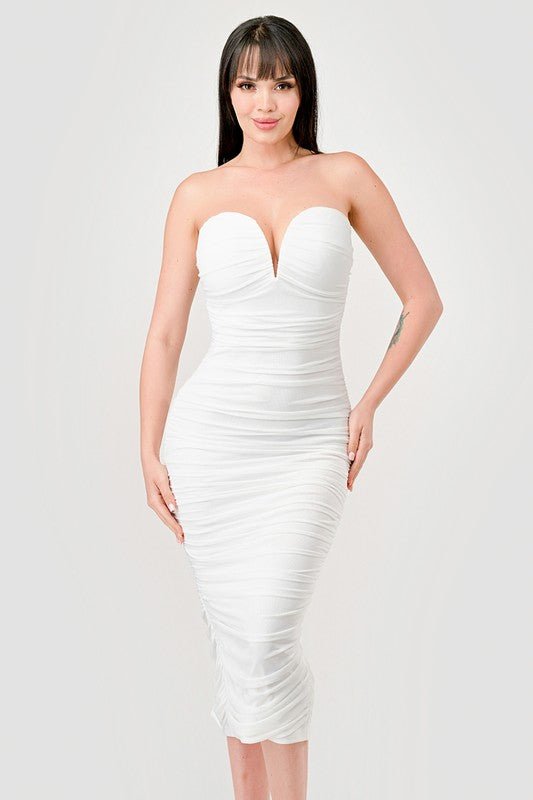 White Luxe Mesh Off Shoulder Midi Dress - STYLED BY ALX COUTUREDRESS