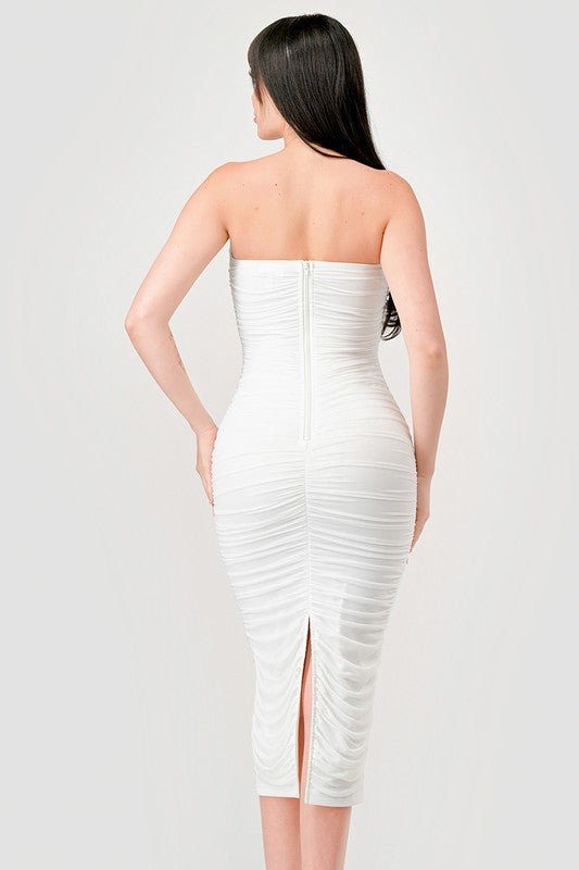 White Luxe Mesh Off Shoulder Midi Dress - STYLED BY ALX COUTUREDRESS