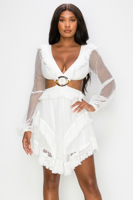 White Mesh Long Sleeve Mini Dress - STYLED BY ALX COUTUREDresses