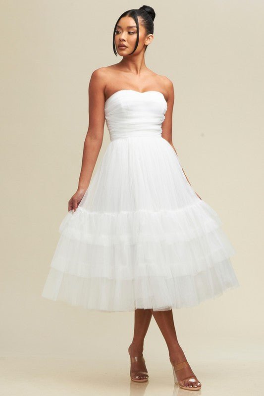 White Mesh Midi Tiered Dress - STYLED BY ALX COUTUREDRESSES