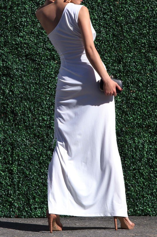 White One Shoulder Tie Venetian Maxi Dress - STYLED BY ALX COUTUREDresses