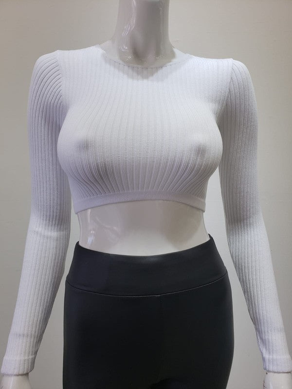 White Ribbed Crop Round Neck Long Sleeve Crop Top - STYLED BY ALX COUTUREShirts & Tops