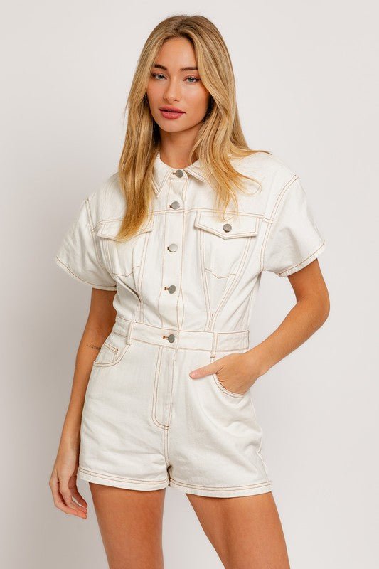 White Short Sleeve Denim Romper - STYLED BY ALX COUTUREJumpsuits & Rompers