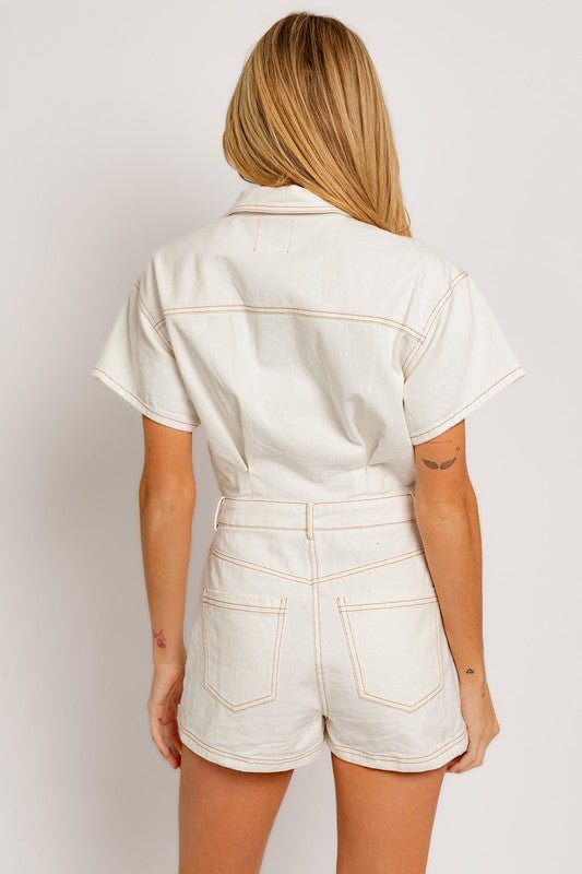 White Short Sleeve Denim Romper - STYLED BY ALX COUTUREJumpsuits & Rompers