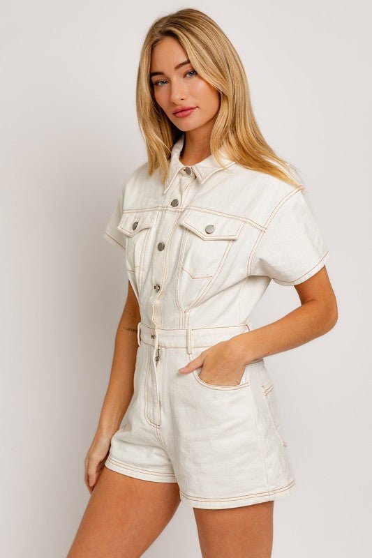 White Short Sleeve Denim Romper - STYLED BY ALX COUTUREJumpsuits & Rompers