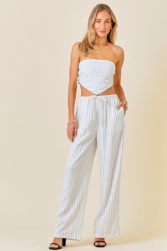 White Striped Set Linen Wide - Leg Pants with a Crop Top - STYLED BY ALX COUTUREOutfit Sets