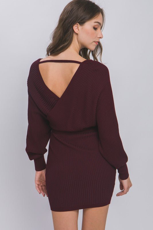 Wine Off Shoulder Wrap Belted Ribbed Knit Dress - STYLED BY ALX COUTUREDRESS