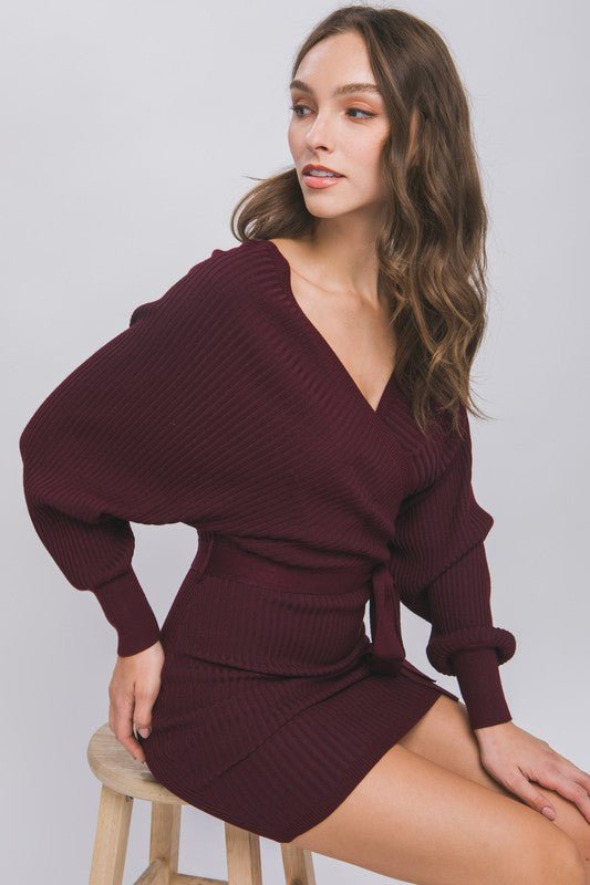 Wine Off Shoulder Wrap Belted Ribbed Knit Dress - STYLED BY ALX COUTUREDRESS