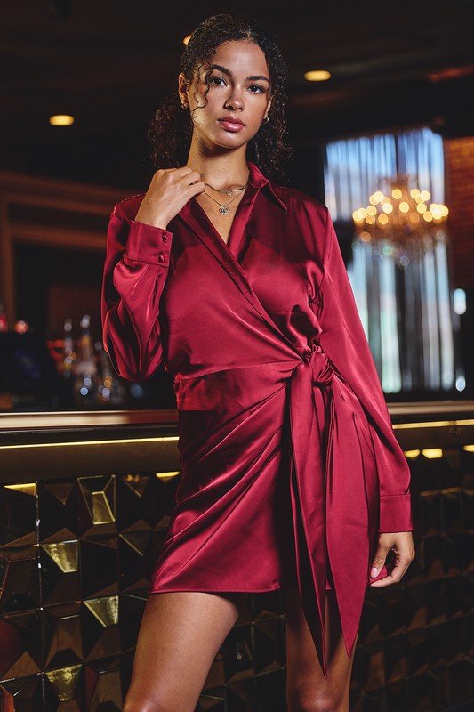 Wine Satin Shirt Wrap Dress - STYLED BY ALX COUTUREDRESS